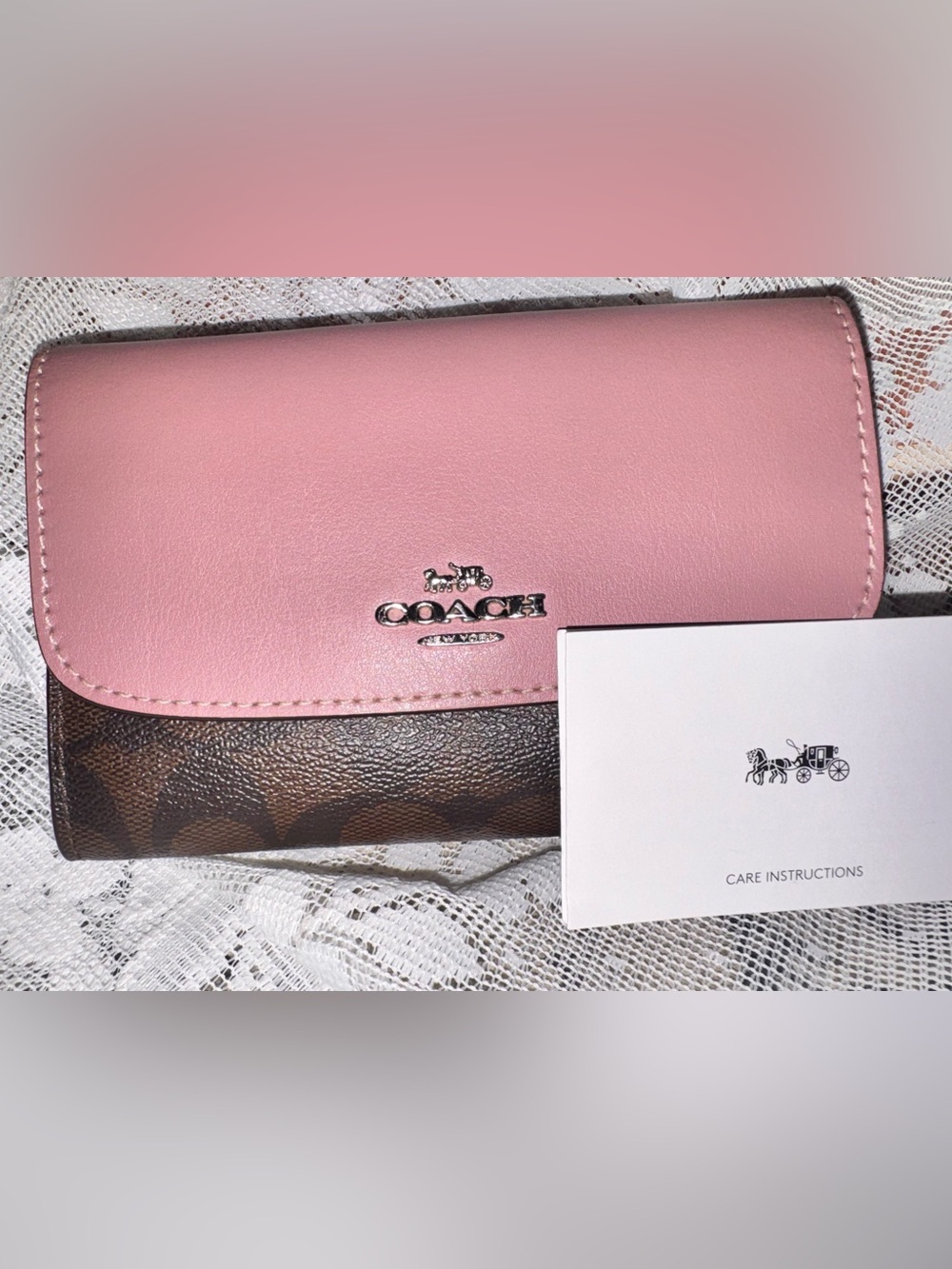 Beautiful Coach Brown Signature and Pink Leather Tri-fold Long Wallet- unique!